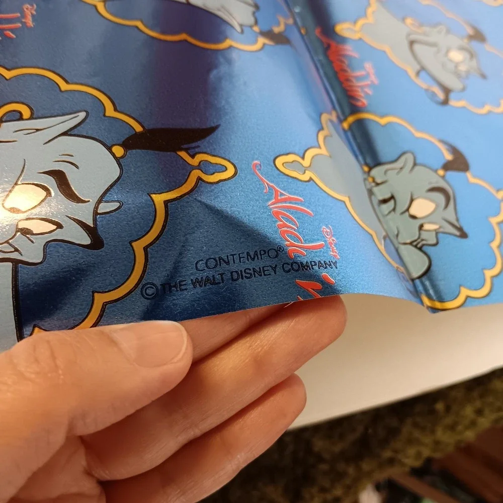Contempo Disney Aladdin Genie Gift Wrap Paper 20x30 Blue Metallic Vintage 90s